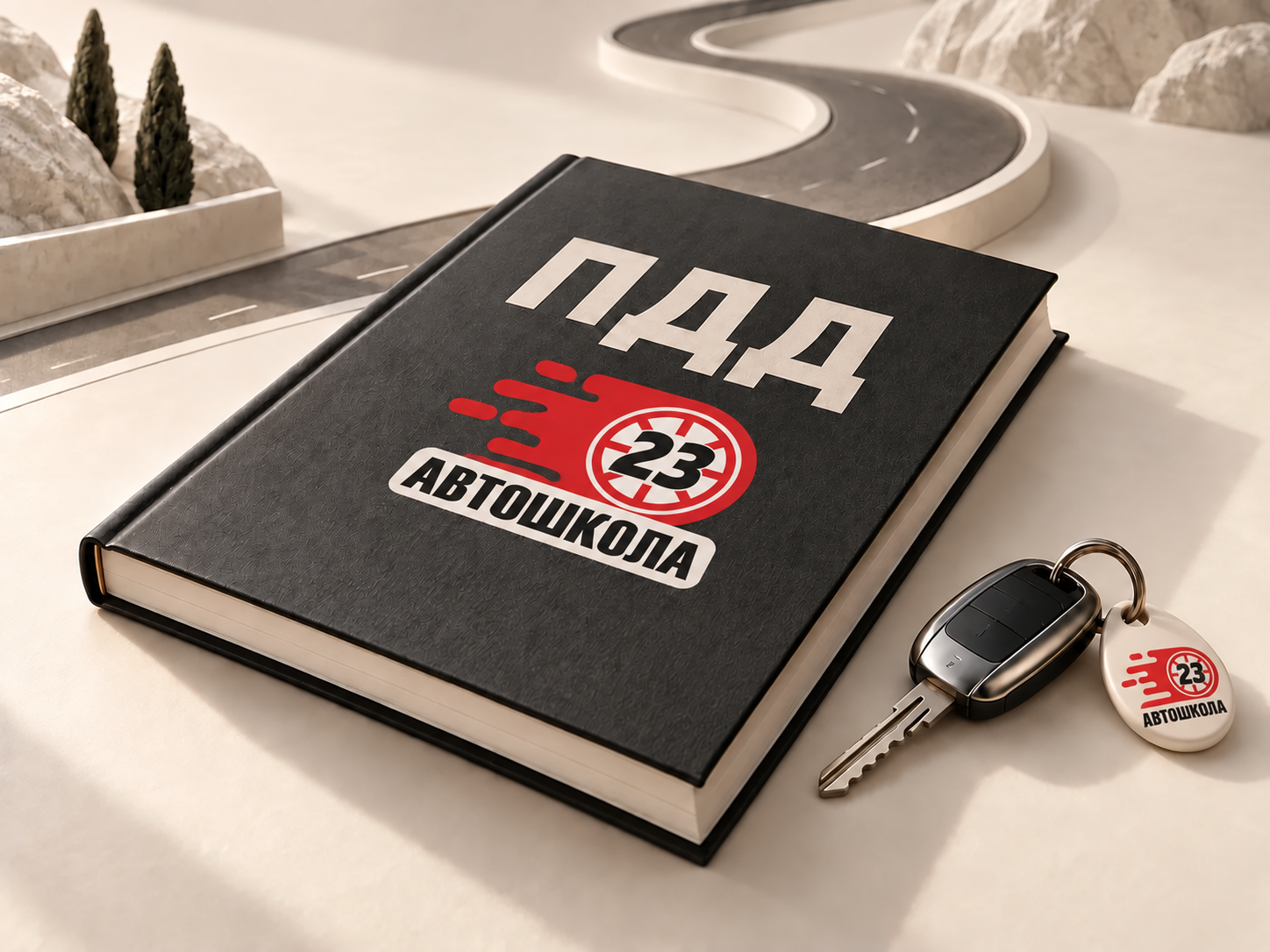 Художественный натюрморт: закрытая книга ПДД с фирменным логотипом Автошколы 23 и автомобильный ключ